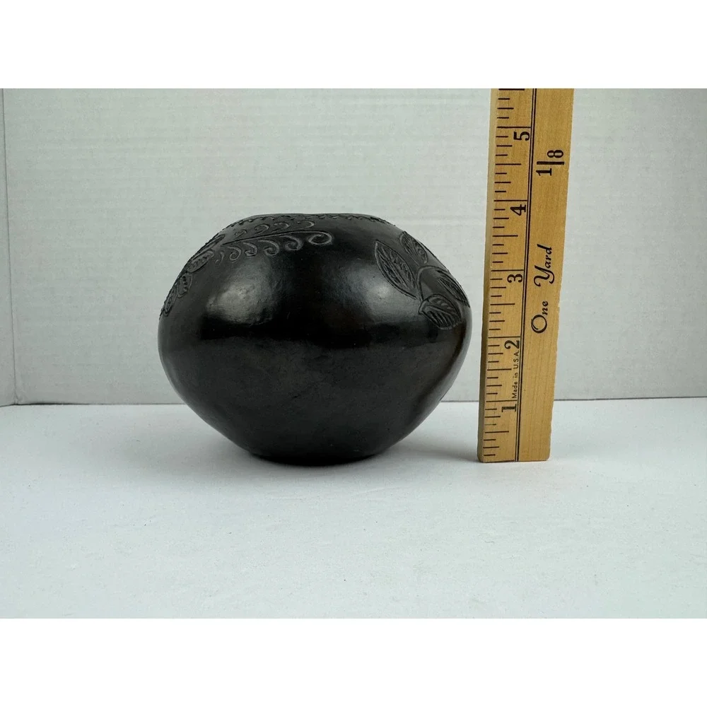 Hand Etched Black Clay Floral Pottery Vase Artisan Round Seed Pot 4 Inch